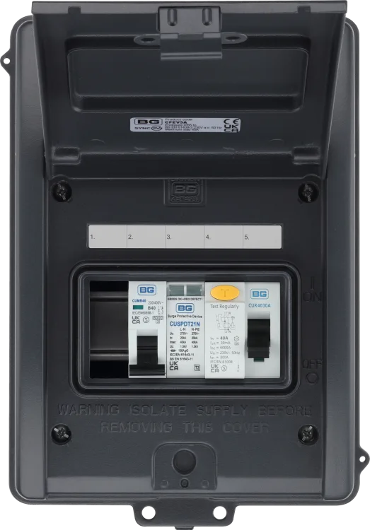 SyncEV CFEV5A 5 Module EV Consumer Unit with 40A Type A RCD, 40A MCB and Type 2 SPD Grey IP65