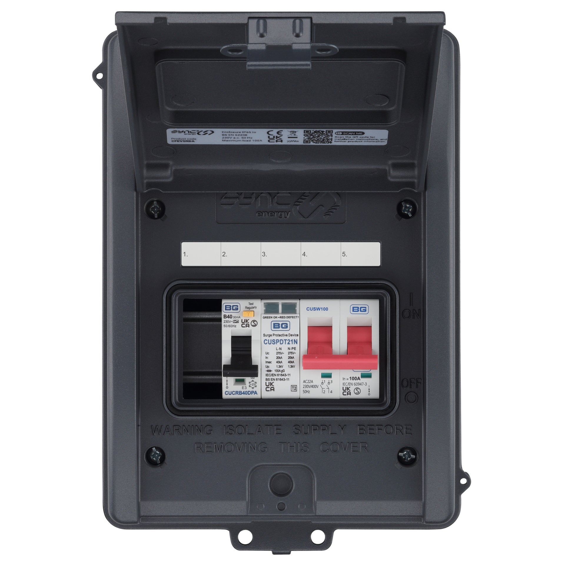 Sync Energy CFEV5RDA-01 5 Module EV Consumer Unit with 40A Type A RCBO, 40A MCB and Type 2 SPD Grey IP65