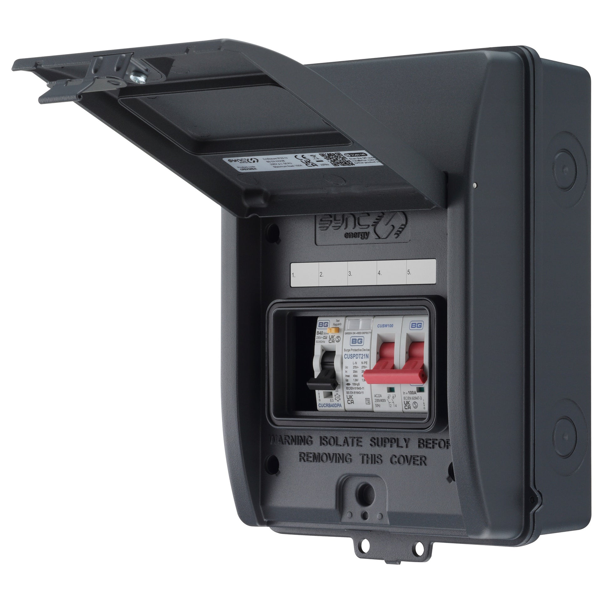 Sync Energy CFEV5RDA-01 5 Module EV Consumer Unit with 40A Type A RCBO, 40A MCB and Type 2 SPD Grey IP65