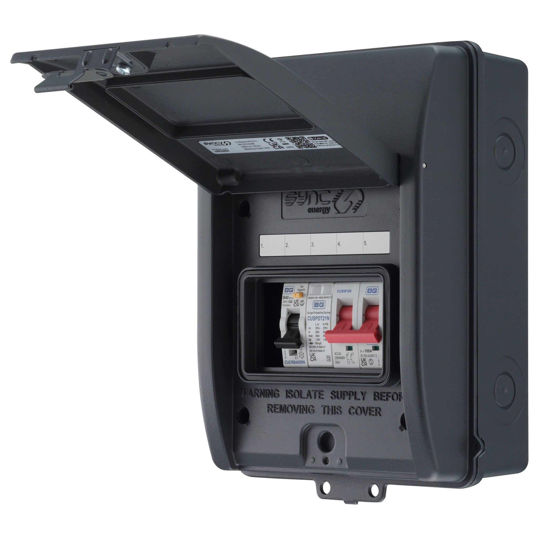 Sync Energy CFEV5RDA-01 5 Module EV Consumer Unit with 40A Type A RCBO, 40A MCB and Type 2 SPD Grey IP65