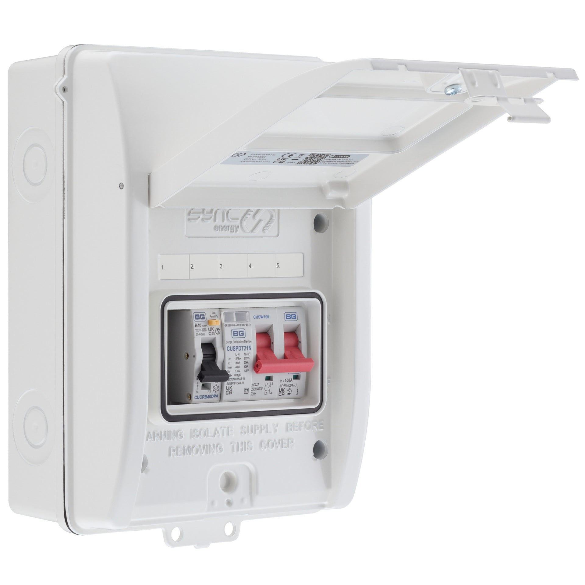 Sync Energy CFEV5RDAW-01 5 Module EV Consumer Unit with 40A Type A RCBO, 40A MCB and Type 2 SPD White IP65