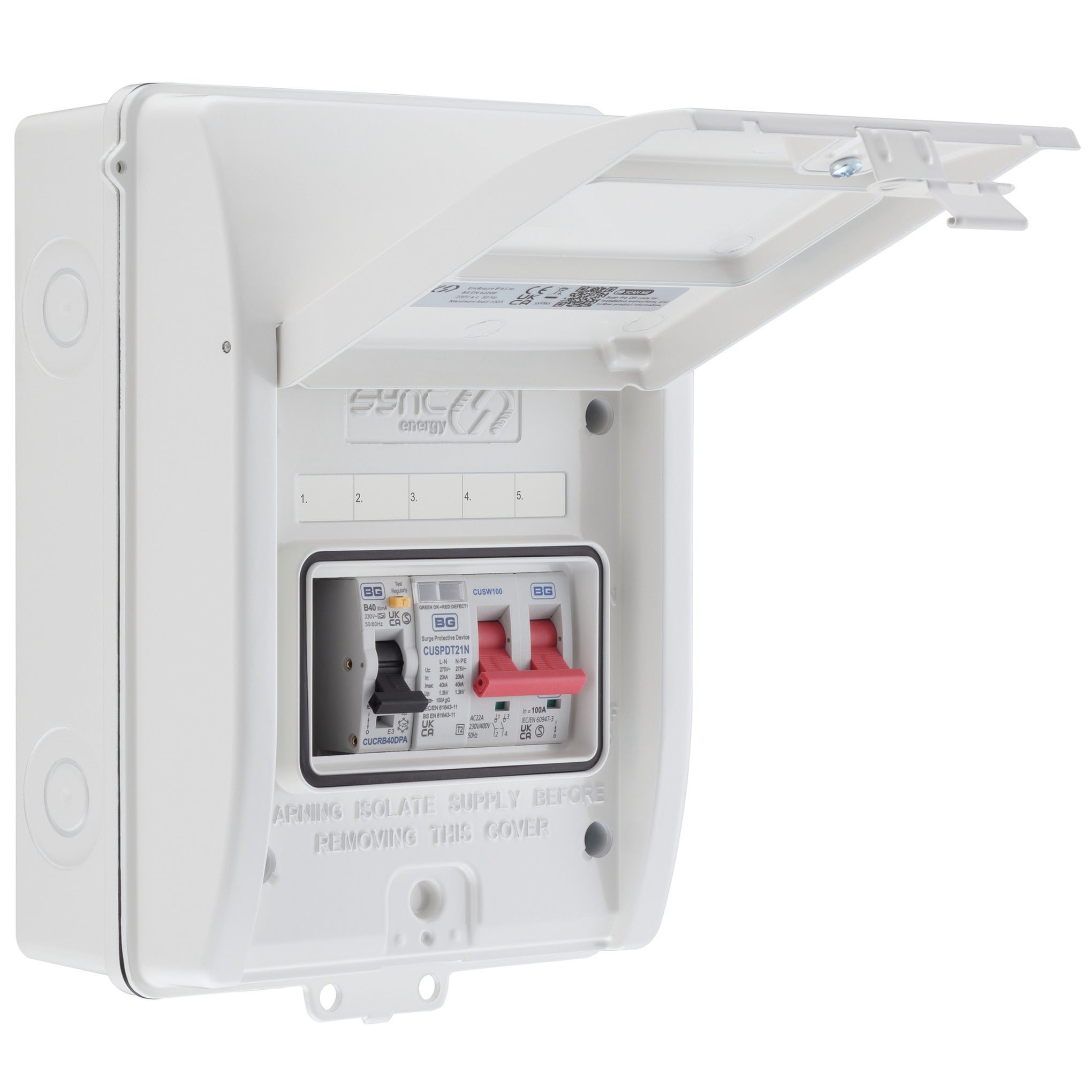 Sync Energy CFEV5RDAW-01 5 Module EV Consumer Unit with 40A Type A RCBO, 40A MCB and Type 2 SPD White IP65