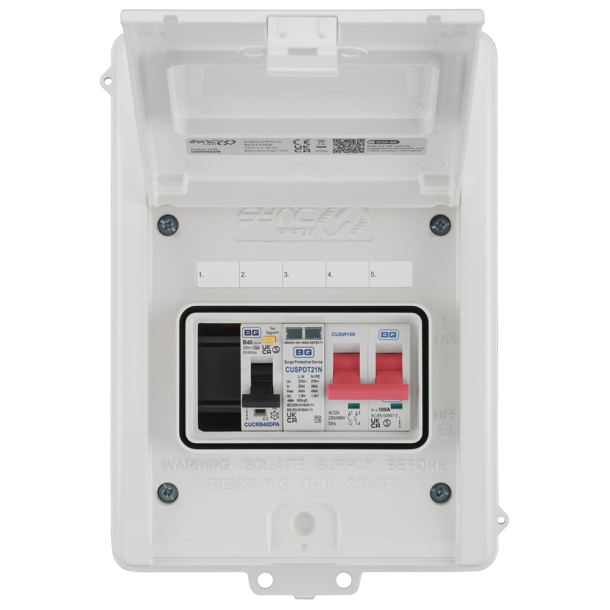 Sync Energy CFEV5RDAW-01 5 Module EV Consumer Unit with 40A Type A RCBO, 40A MCB and Type 2 SPD White IP65