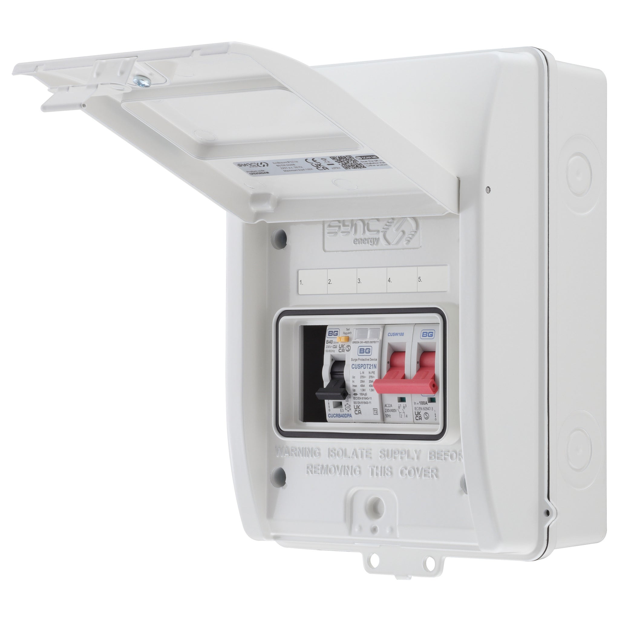 Sync Energy CFEV5RDAW-01 5 Module EV Consumer Unit with 40A Type A RCBO, 40A MCB and Type 2 SPD White IP65