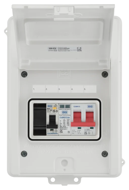 SyncEV CFEV5RDAW 5 Module EV Consumer Unit with 40A Type A RCBO, 40A MCB and Type 2 SPD White IP65