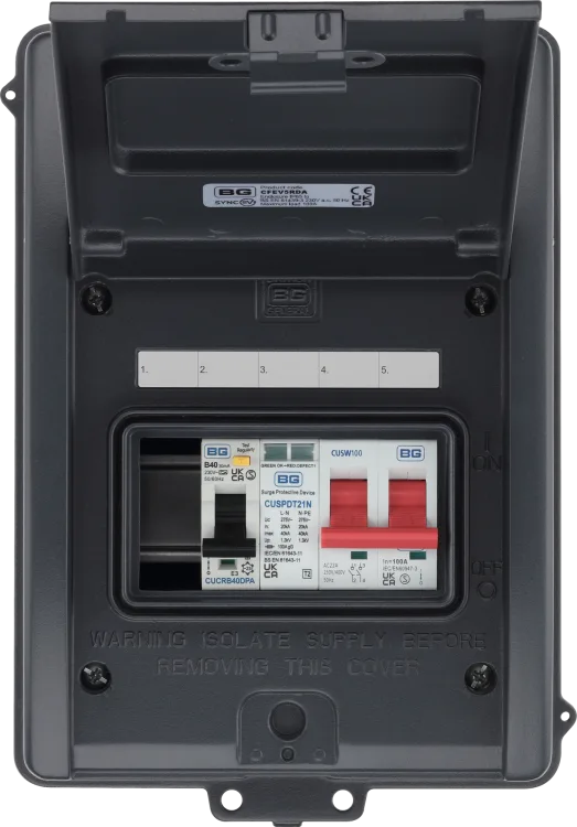 SyncEV CFEV5RDA 5 Module EV Consumer Unit with 40A Type A RCBO, 40A MCB and Type 2 SPD Grey IP65