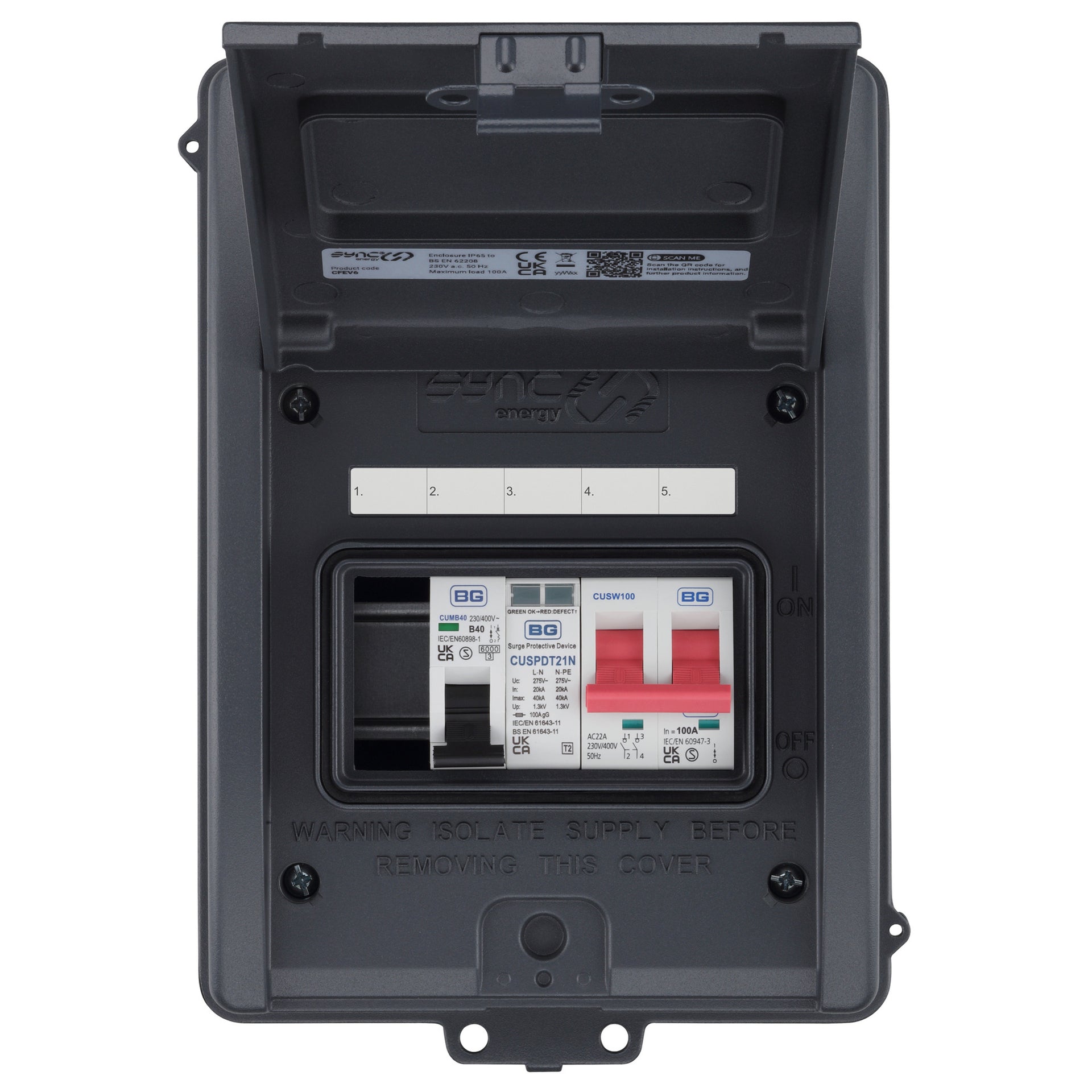 Sync Energy CFEV6 5 Module EV Consumer Unit with 100A Mains Switch, 40A MCB and Type 2 SPD Grey IP65