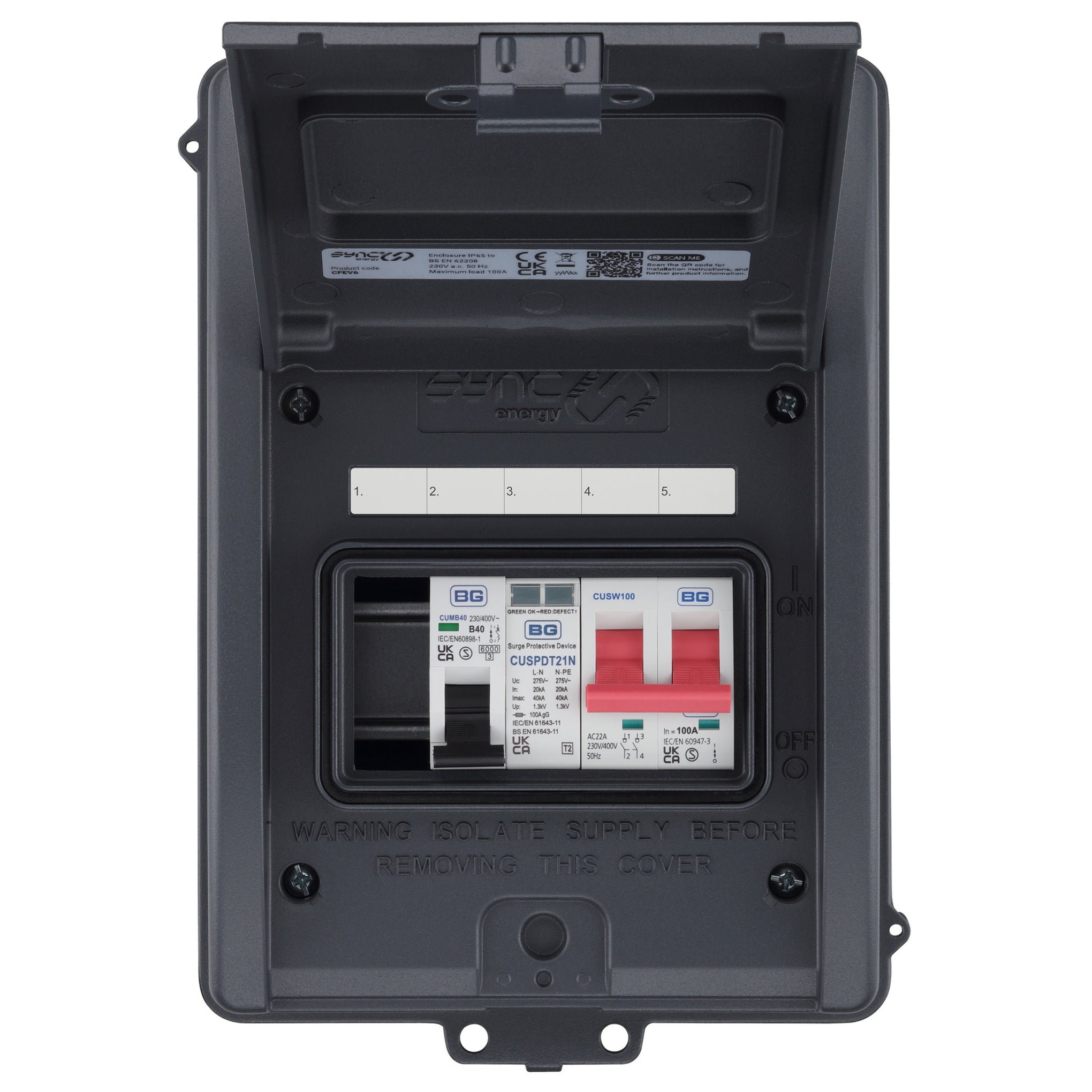 Sync Energy CFEV6 5 Module EV Consumer Unit with 100A Mains Switch, 40A MCB and Type 2 SPD Grey IP65