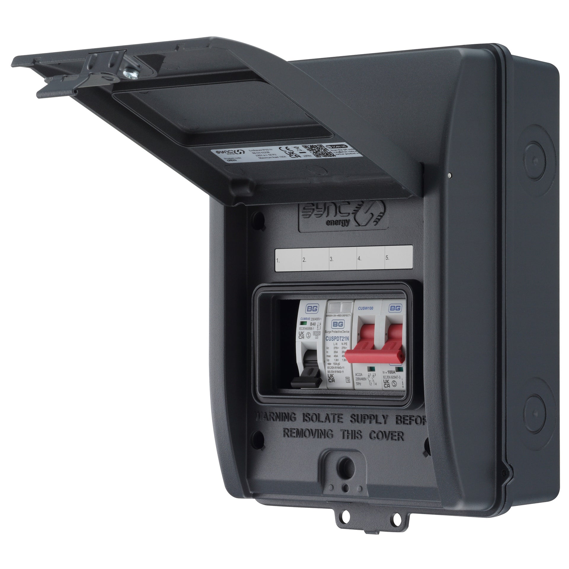 Sync Energy CFEV6 5 Module EV Consumer Unit with 100A Mains Switch, 40A MCB and Type 2 SPD Grey IP65