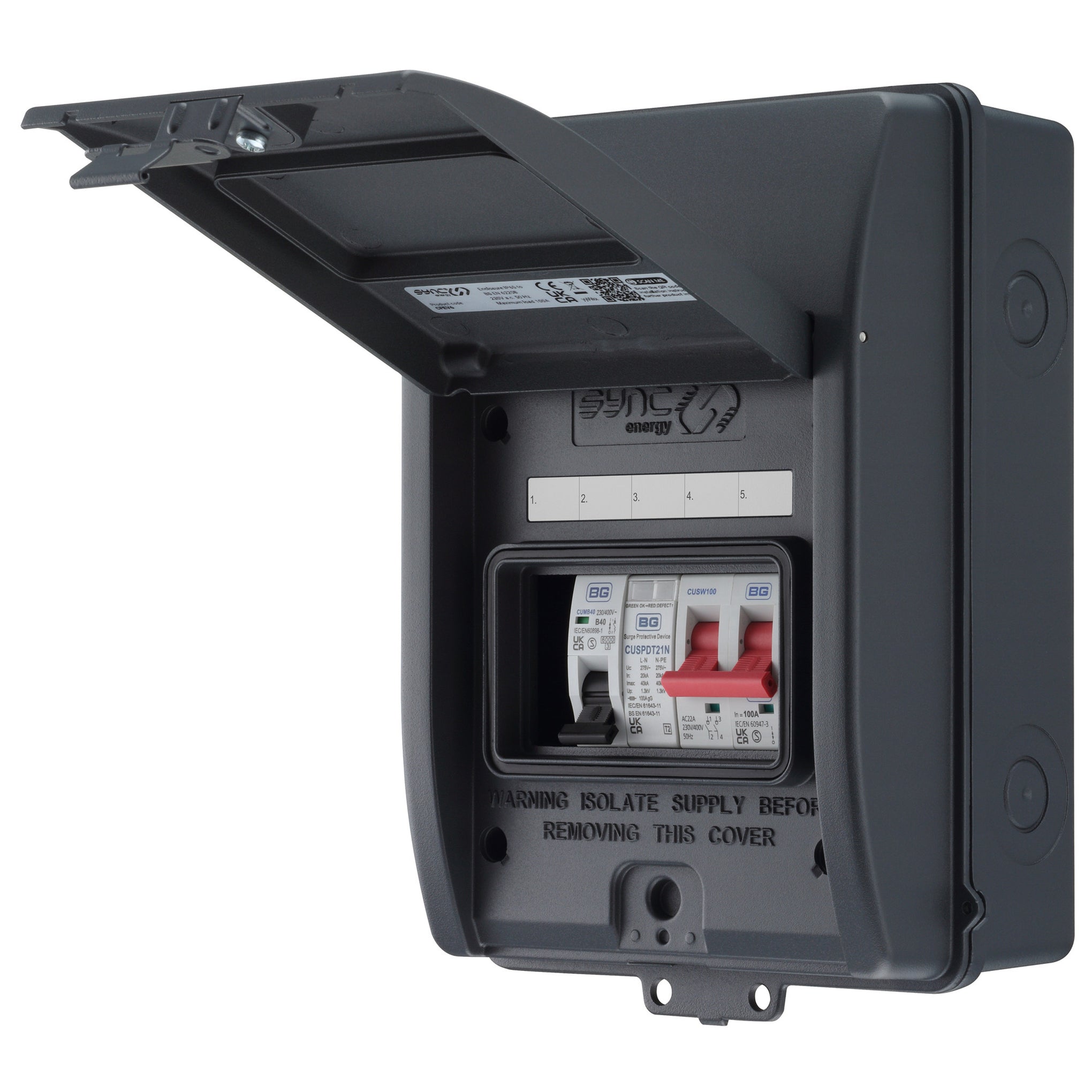 Sync Energy CFEV6 5 Module EV Consumer Unit with 100A Mains Switch, 40A MCB and Type 2 SPD Grey IP65