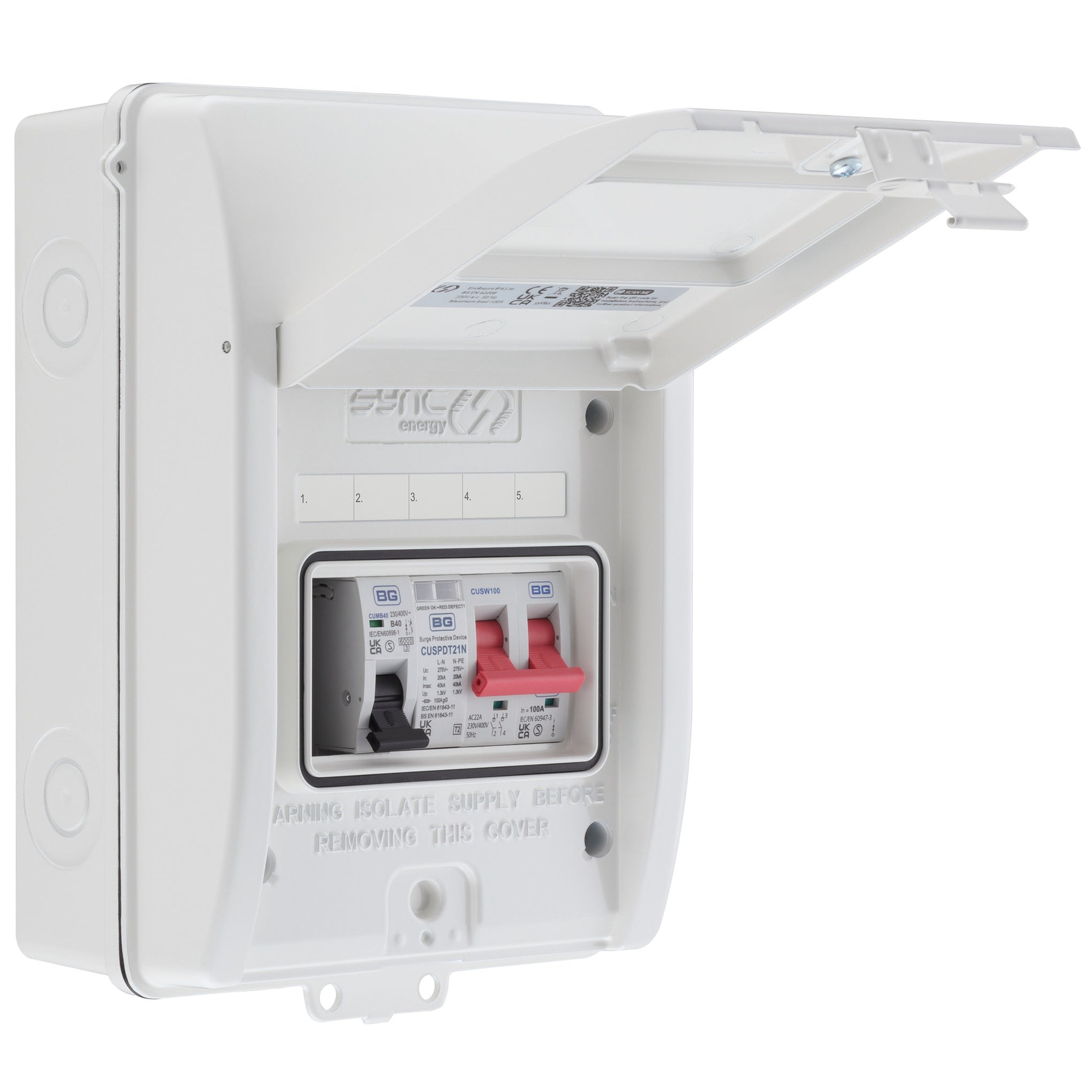 Sync Energy CFEV6W-01 5 Module EV Consumer Unit with 100A Mains Switch, 40A MCB and Type 2 SPD White IP65