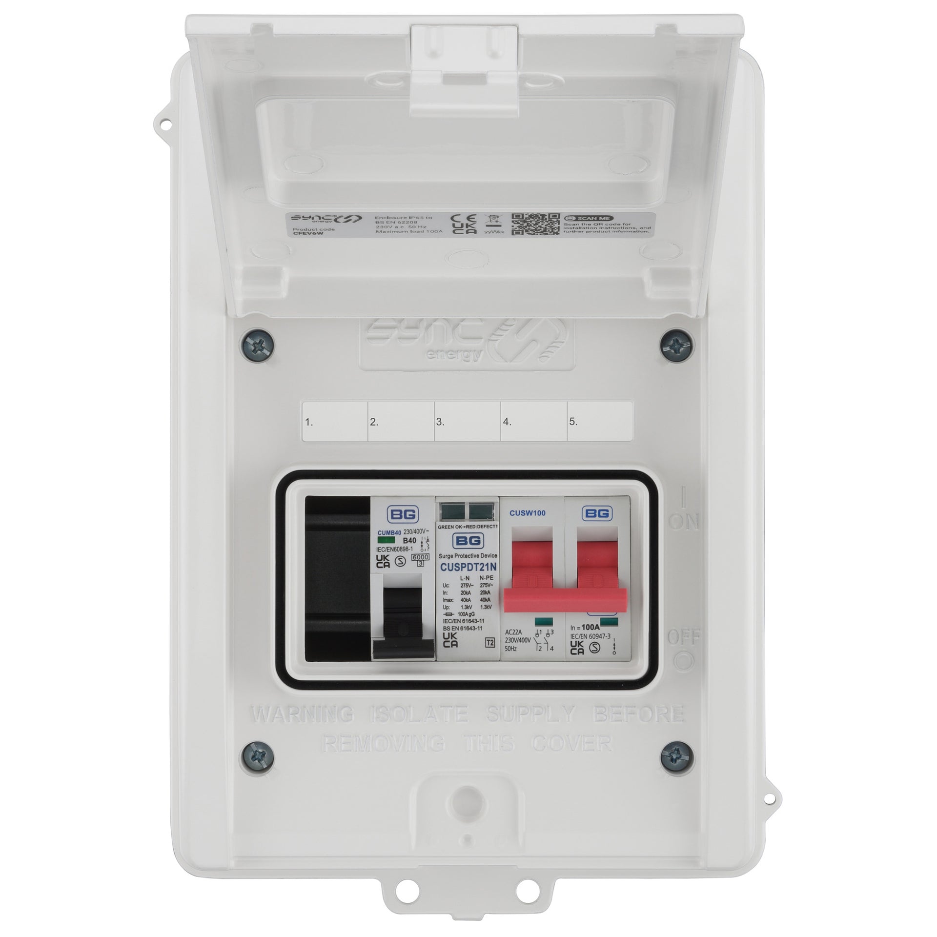 Sync Energy CFEV6W-01 5 Module EV Consumer Unit with 100A Mains Switch, 40A MCB and Type 2 SPD White IP65