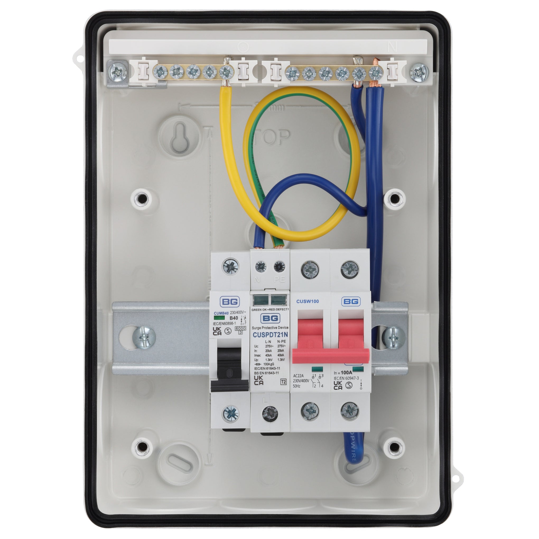 Sync Energy CFEV6W-01 5 Module EV Consumer Unit with 100A Mains Switch, 40A MCB and Type 2 SPD White IP65