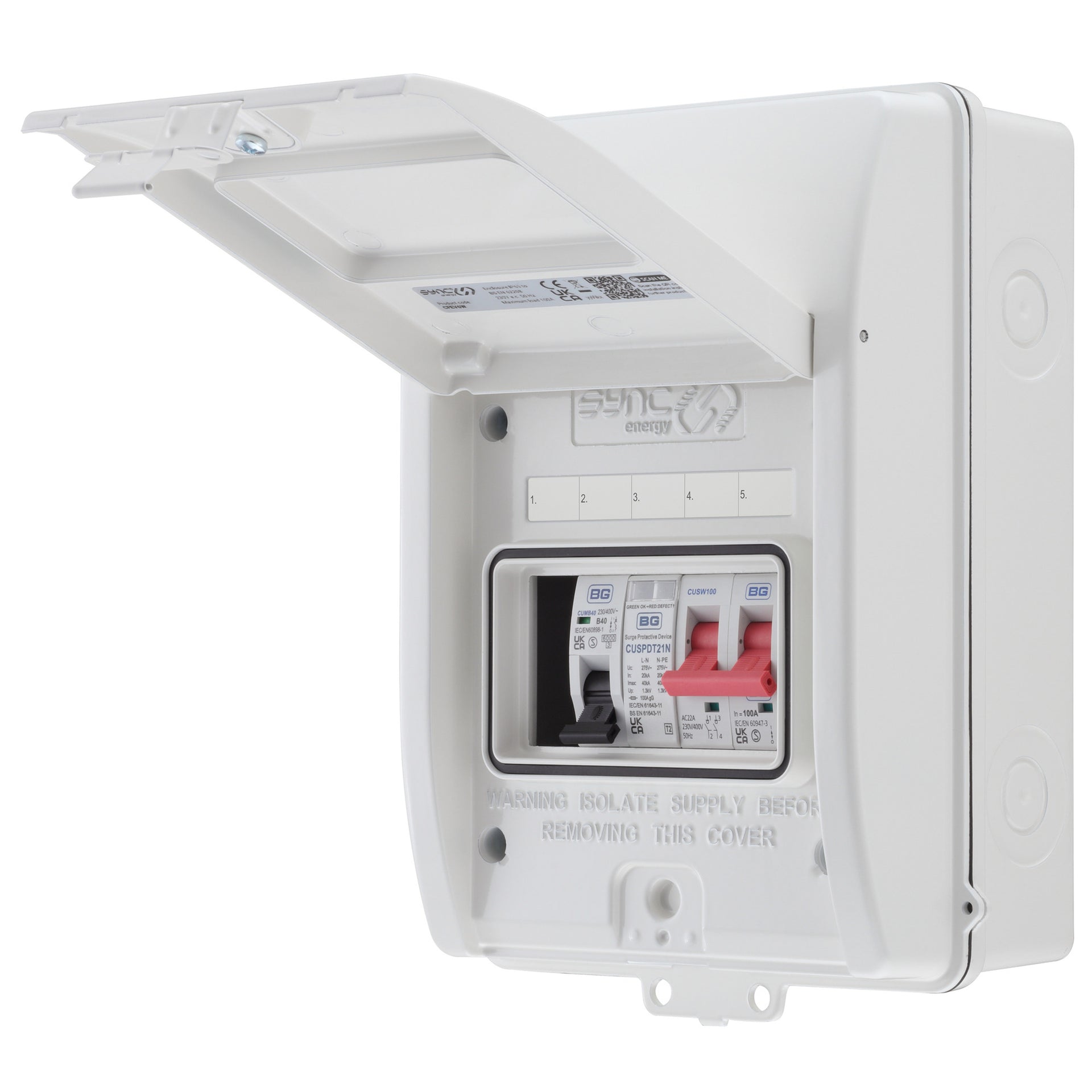 Sync Energy CFEV6W-01 5 Module EV Consumer Unit with 100A Mains Switch, 40A MCB and Type 2 SPD White IP65