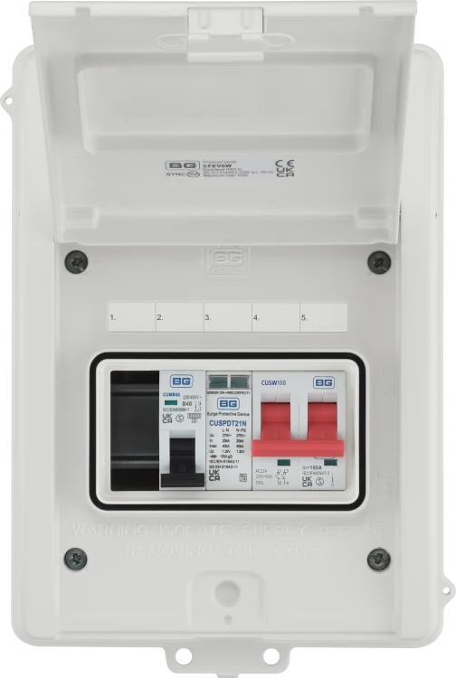 SyncEV CFEV6W 5 Module EV Consumer Unit with 100A Mains Switch, 40A MCB and Type 2 SPD White IP65
