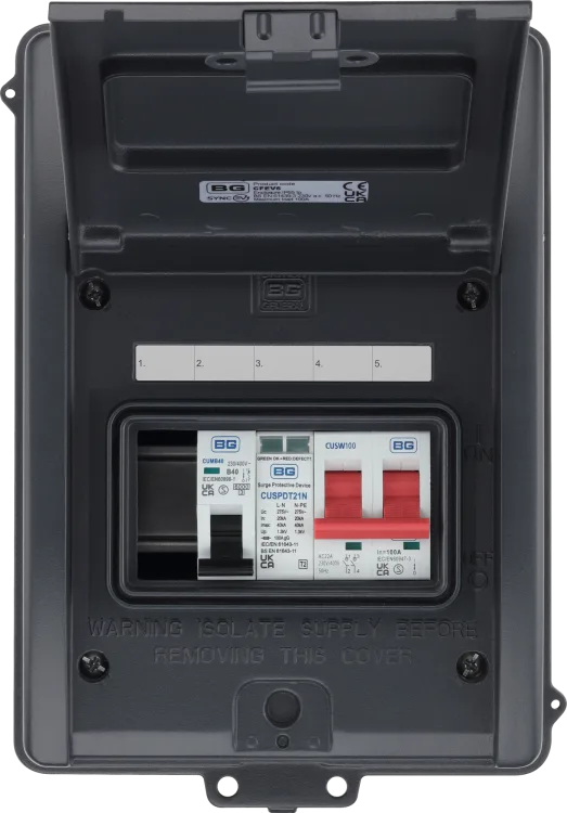 SyncEV CFEV6 5 Module EV Consumer Unit with 100A Mains Switch, 40A MCB and Type 2 SPD Grey IP65