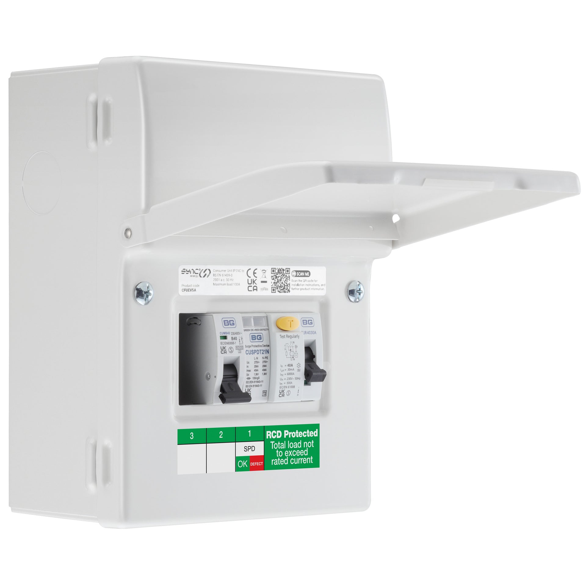 Sync Energy CFUEV5A-01 5 Module EV Consumer Unit with 40A Type A RCD, 40A MCB and Type 2 SPD White IP20