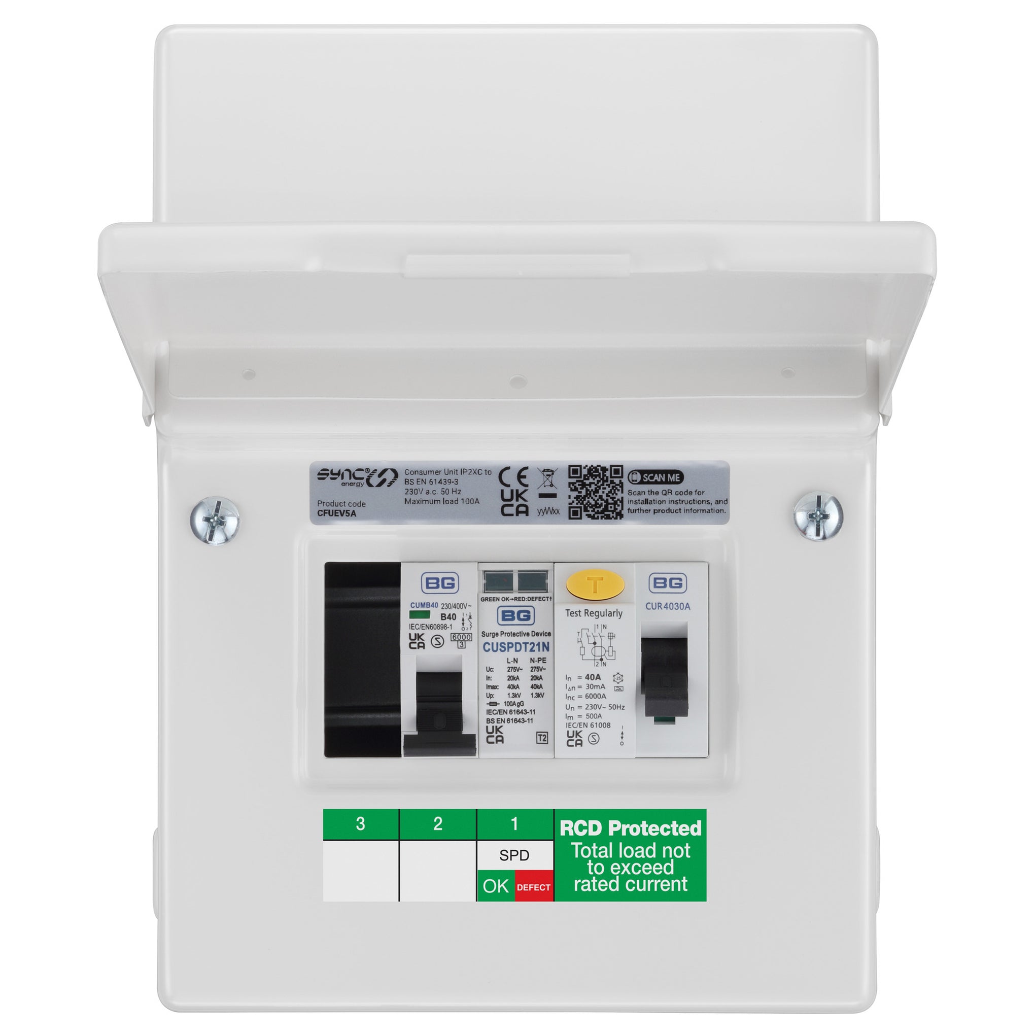 Sync Energy CFUEV5A-01 5 Module EV Consumer Unit with 40A Type A RCD, 40A MCB and Type 2 SPD White IP20