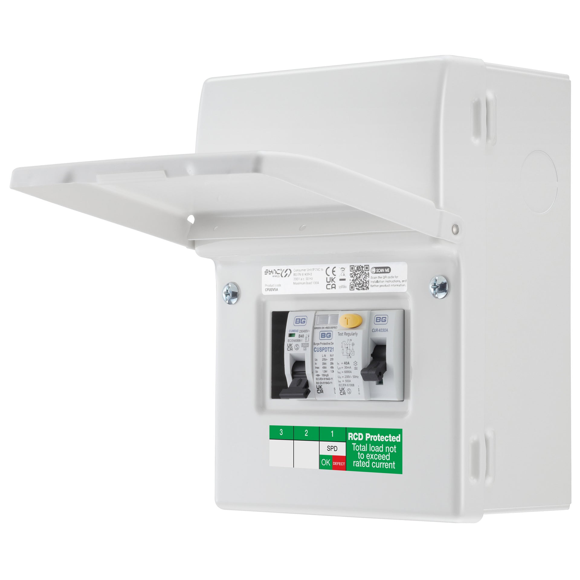 Sync Energy CFUEV5A-01 5 Module EV Consumer Unit with 40A Type A RCD, 40A MCB and Type 2 SPD White IP20