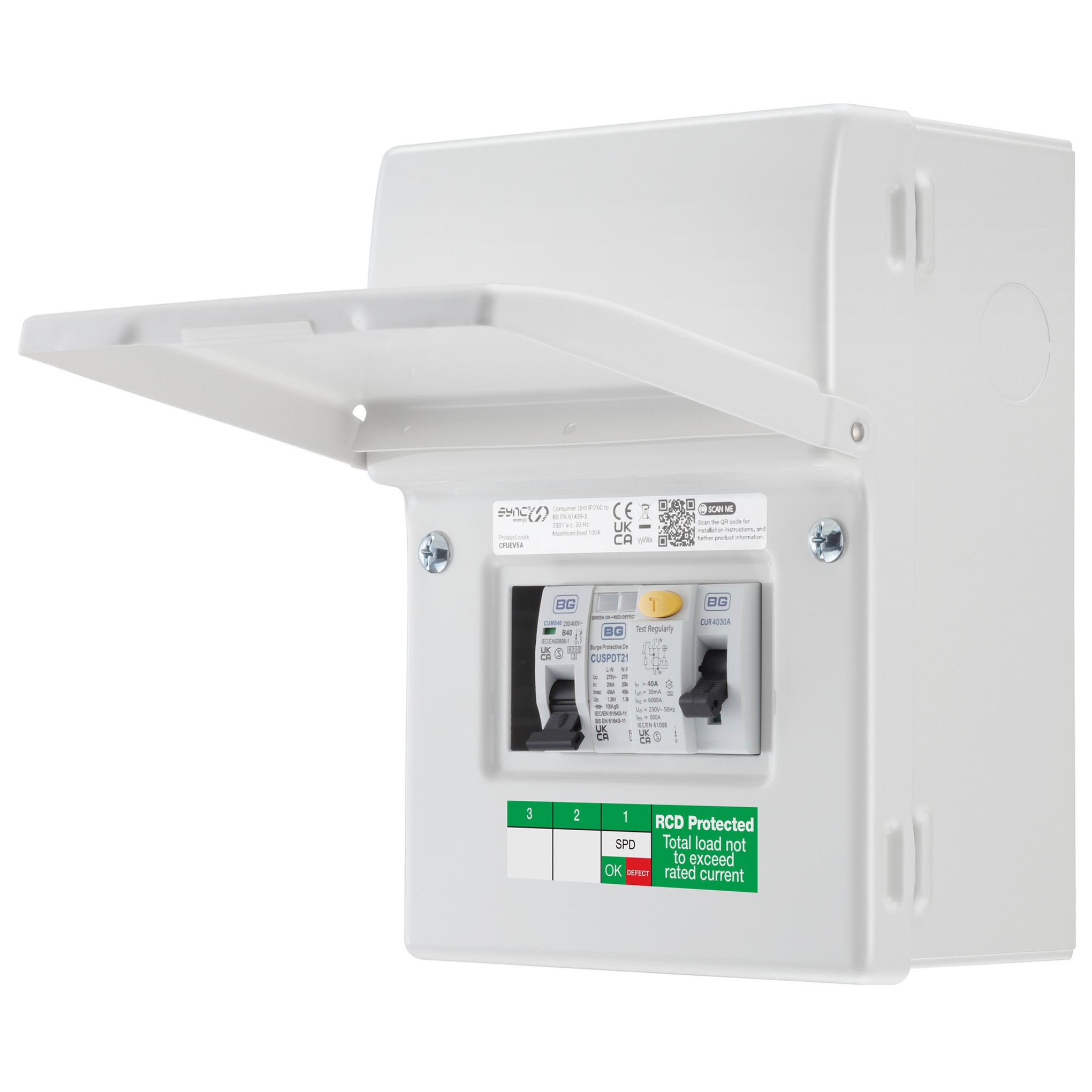 Sync Energy CFUEV5A-01 5 Module EV Consumer Unit with 40A Type A RCD, 40A MCB and Type 2 SPD White IP20