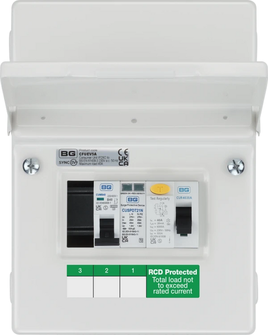 SyncEV CFUEV5A 5 Module EV Consumer Unit with 40A Type A RCD, 40A MCB and Type 2 SPD White IP20