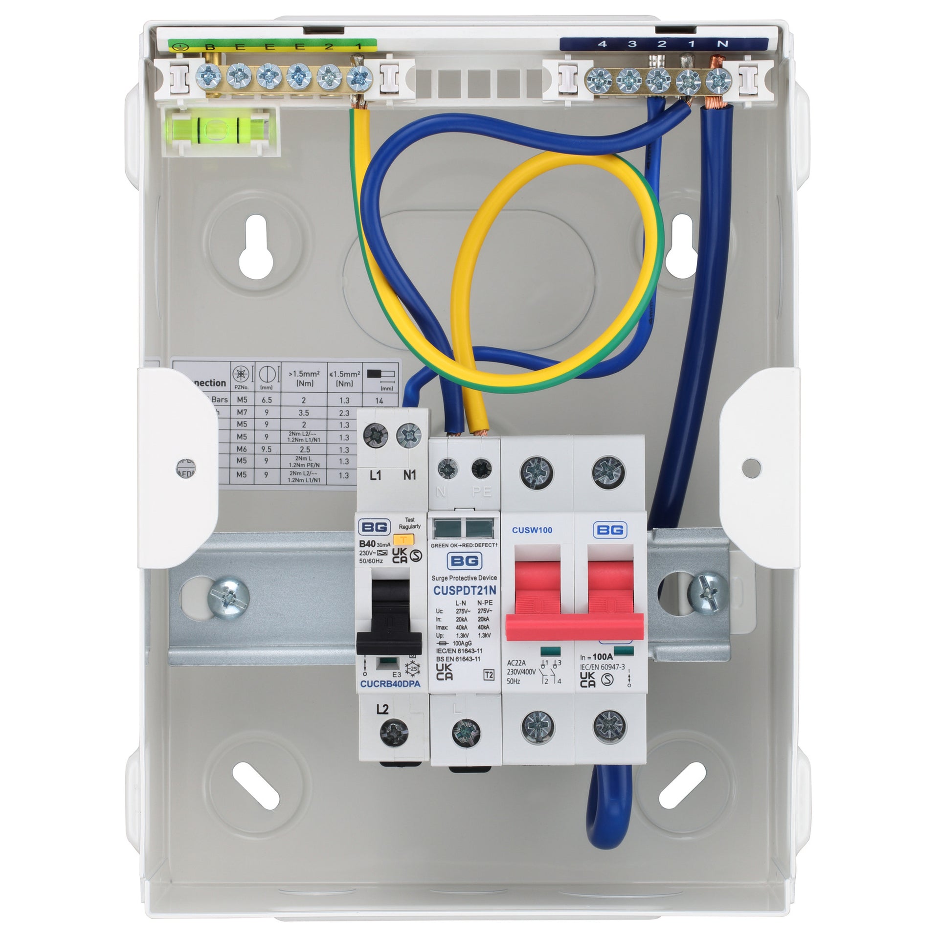 Sync Energy CFUEV5RDA-01 5 Module EV Consumer Unit with 40A Type A DP RCBO, 100A Mains Switch and Type 2 SPD White IP20