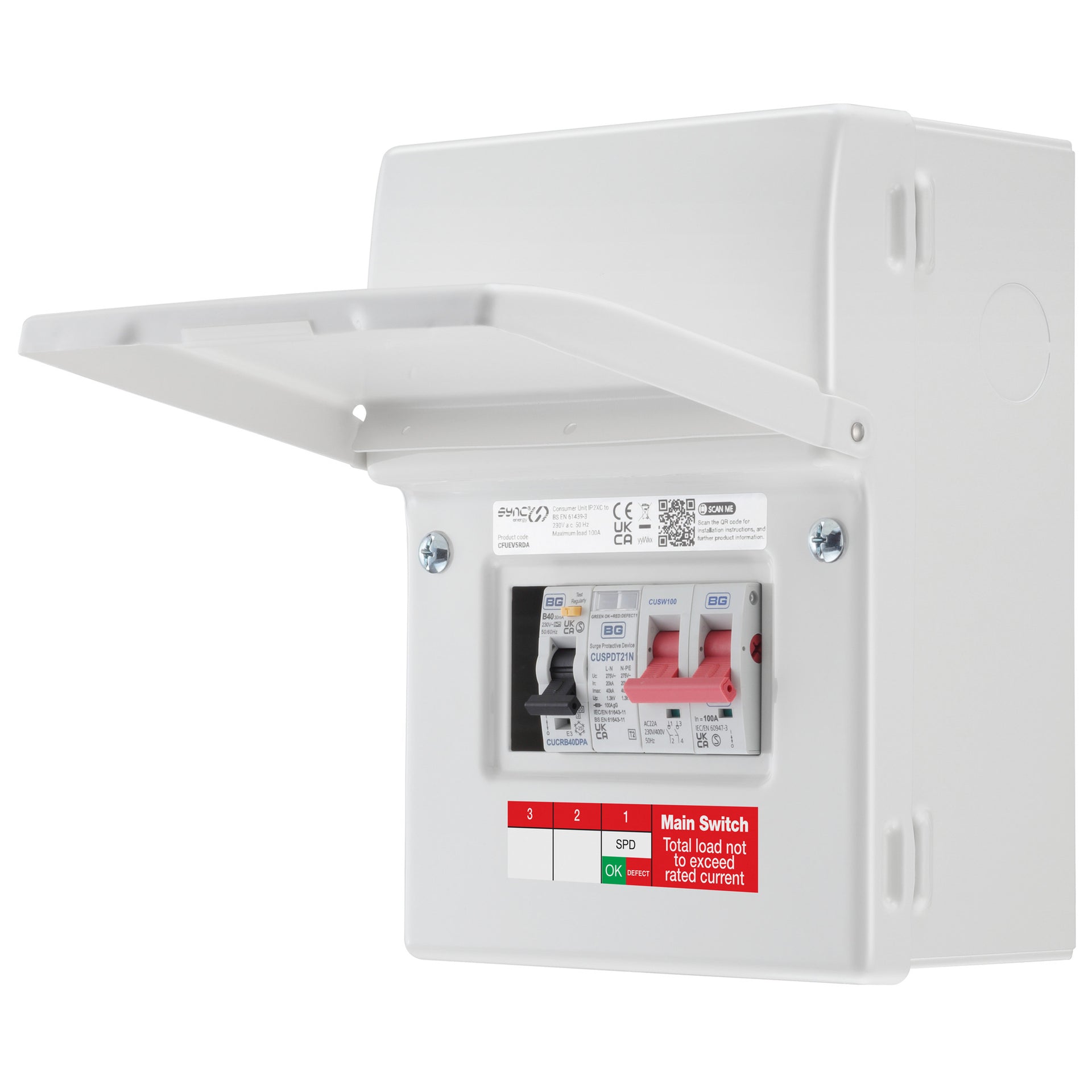 Sync Energy CFUEV5RDA-01 5 Module EV Consumer Unit with 40A Type A DP RCBO, 100A Mains Switch and Type 2 SPD White IP20