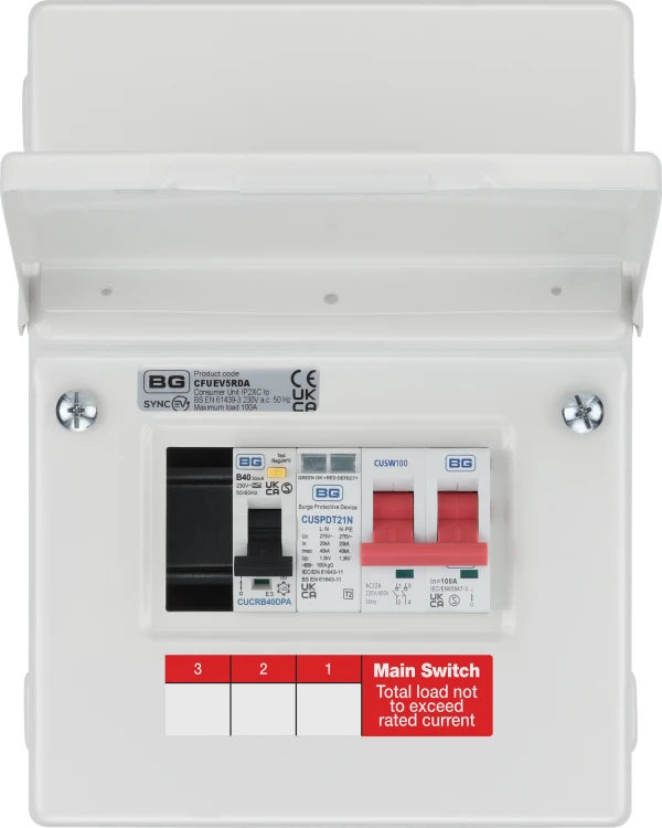 SyncEV CFUEV5RDA 5 Module EV Consumer Unit with 40A Type A DP RCBO, 100A Mains Switch and Type 2 SPD