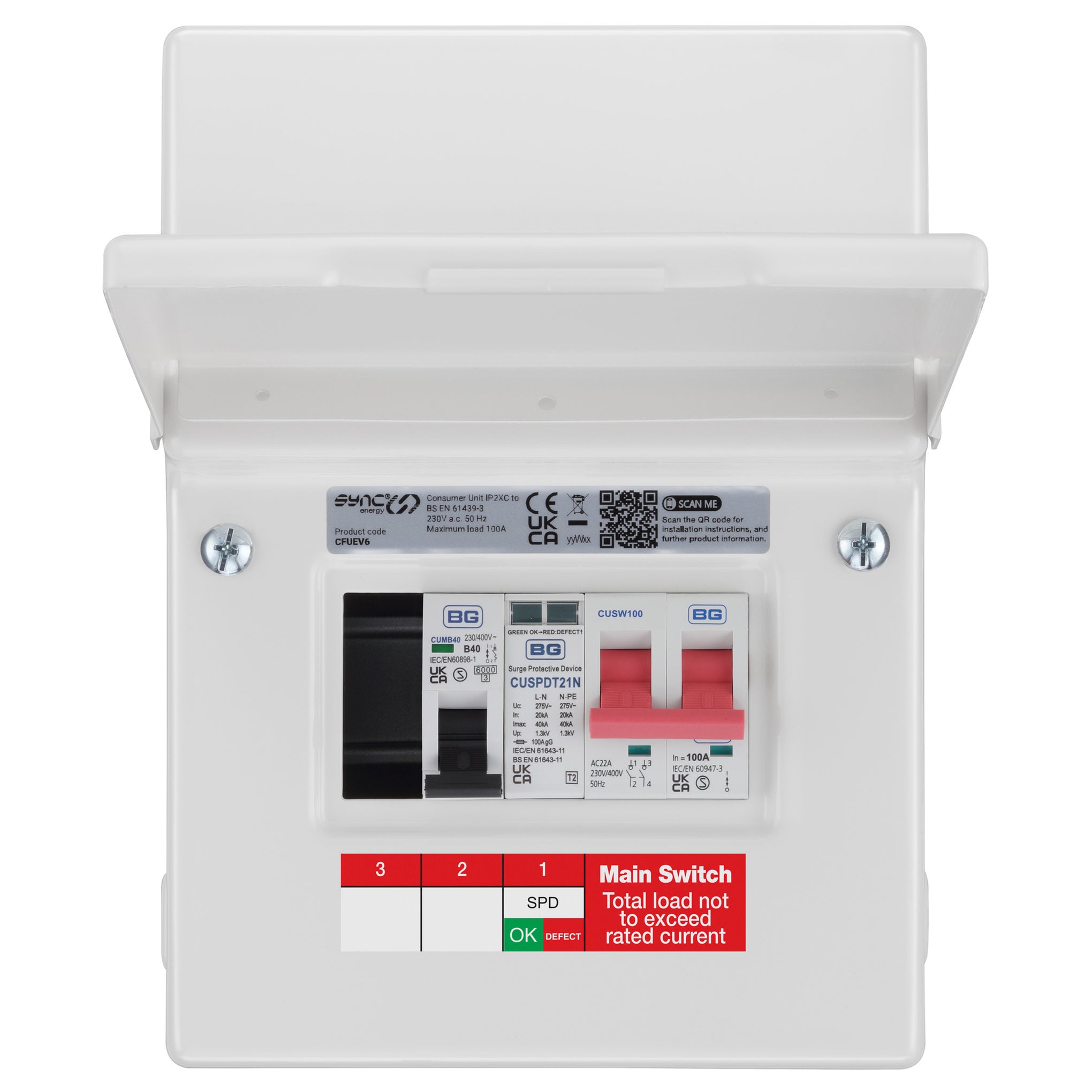 Sync Energy CFUEV6-01 5 Module EV Consumer Unit with 100A Mains Switch, 40A MCB and Type 2 SPD White IP20