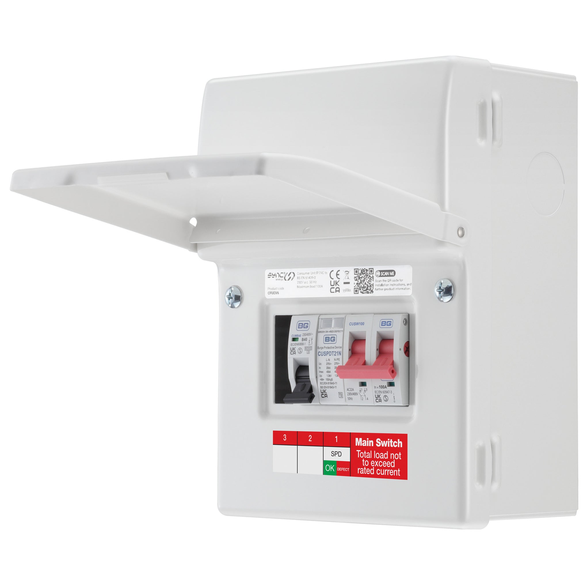 Sync Energy CFUEV6-01 5 Module EV Consumer Unit with 100A Mains Switch, 40A MCB and Type 2 SPD White IP20