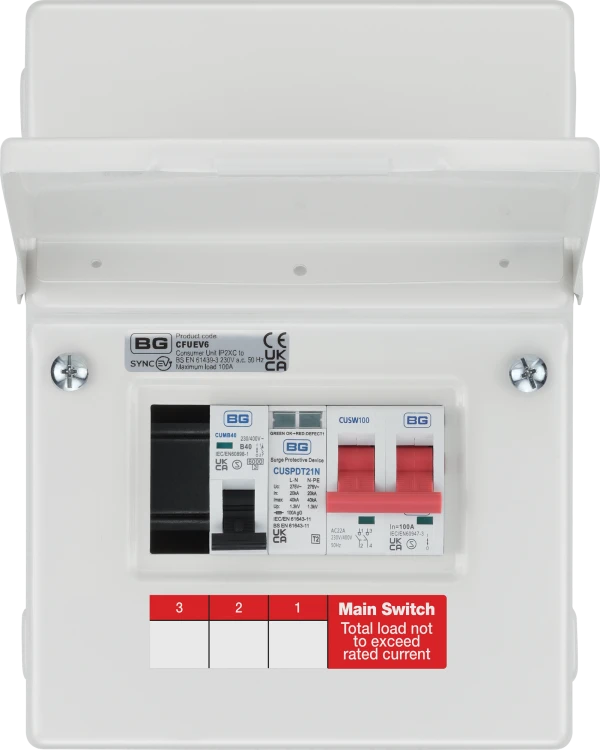 SyncEV CFUEV6 5 Module EV Consumer Unit with 100A Mains Switch, 40A MCB and Type 2 SPD White IP20
