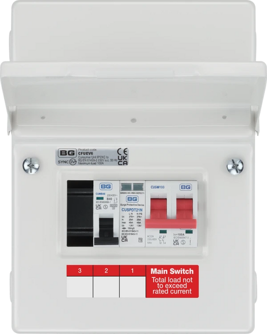 SyncEV CFUEV6 5 Module EV Consumer Unit with 100A Mains Switch, 40A MCB and Type 2 SPD White IP20