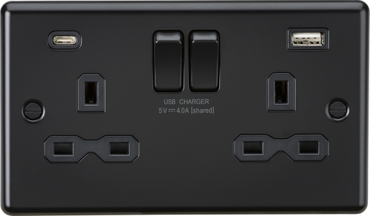 Knightsbridge CL9940MBB 2 Gang 13A Type A + C 4A (5VDC) USB Socket Matt Black