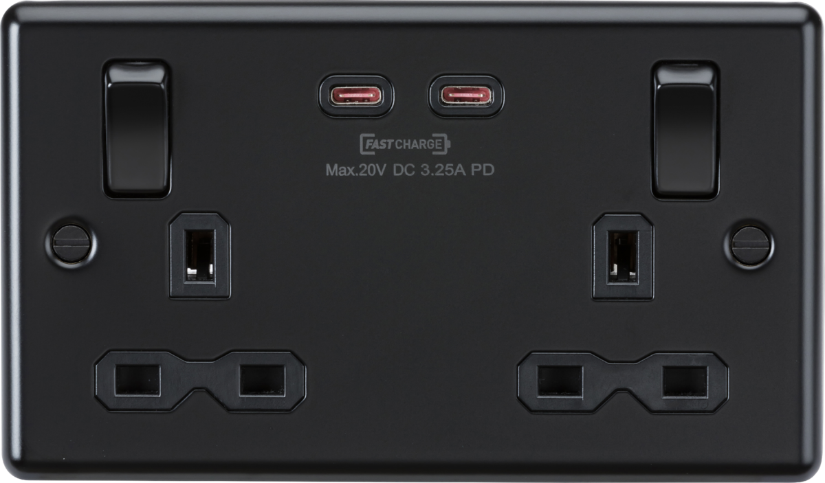 Knightsbridge CL9965MBB 2 Gang 13A DP Switched Socket with Dual Type C USB (65W FastCharge) Matt Black