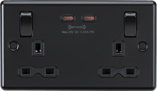Knightsbridge CL9965MBB 2 Gang 13A DP Switched Socket with Dual Type C USB (65W FastCharge) Matt Black
