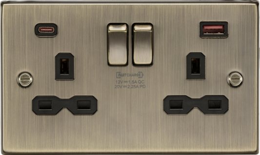 Knightsbridge CS9945AB 2 Gang 13A DP Type A + C 2.25A (20VDC) USB Socket Antique Brass Black Insert