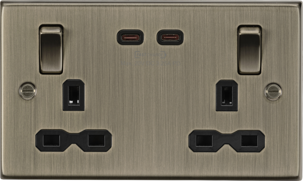 Knightsbridge CS9965AB 2 Gang 13A DP Switched Socket with Dual Type C USB (65W FastCharge) Antique Brass