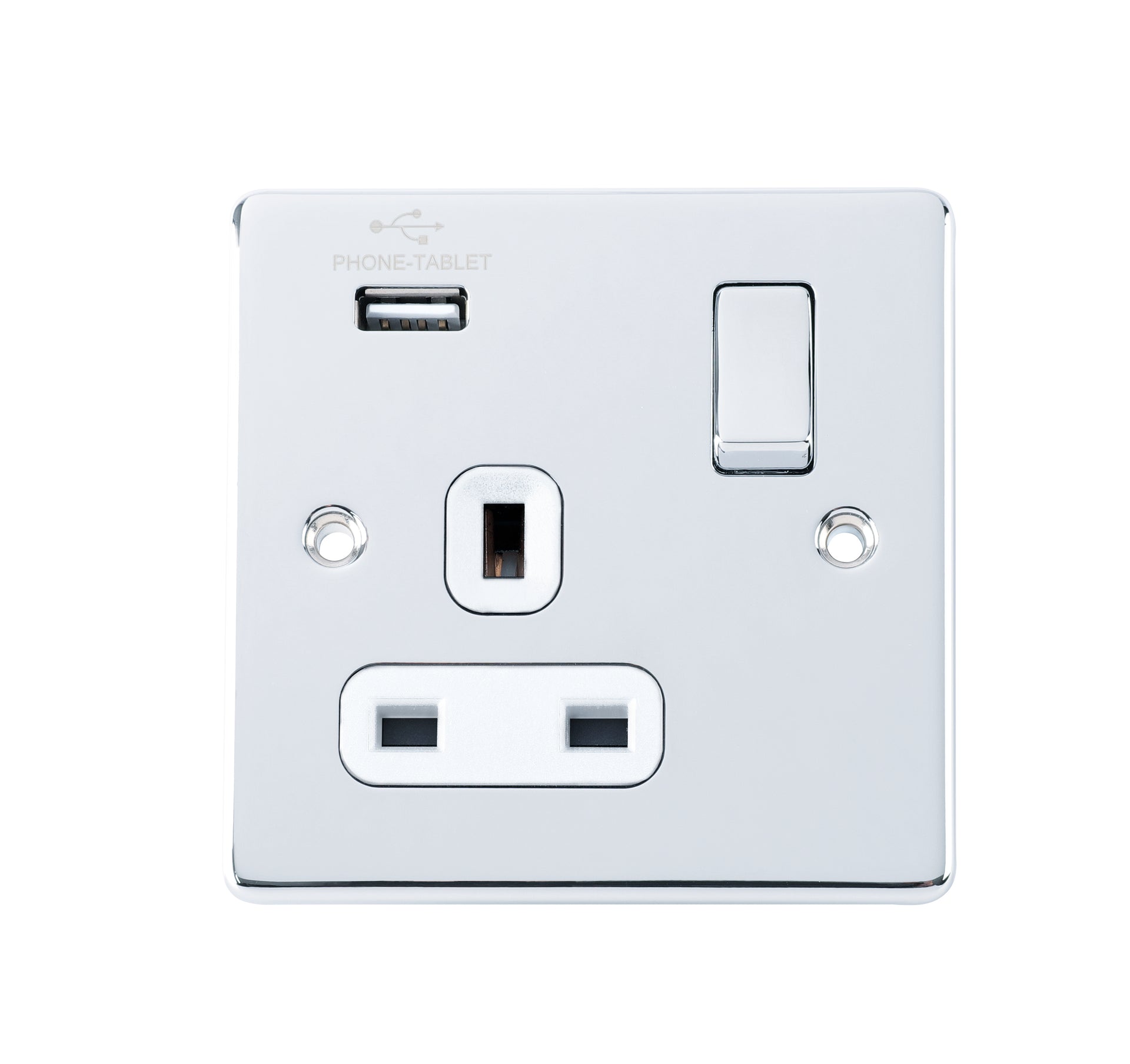 Niglon D-S131USB-PCW 1 Gang 13A 2.1A Switched USB Socket Polished Chrome White Insert