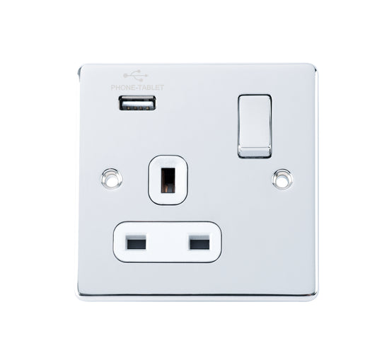 Niglon D-S131USB-PCW 1 Gang 13A 2.1A Switched USB Socket Polished Chrome White Insert