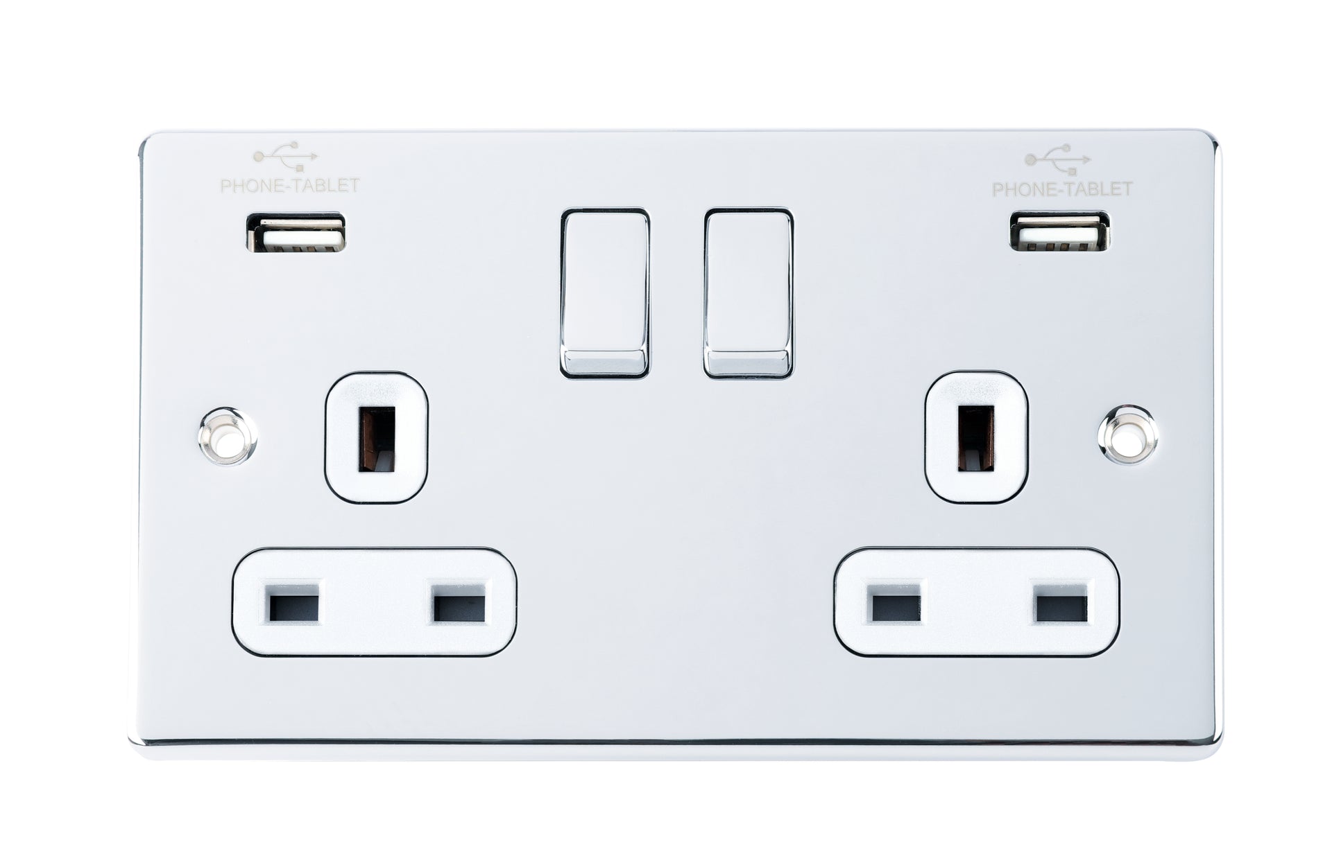 Niglon D-S132USB-PCW 2 Gang 13A 3.1A Switched USB Socket Polished Chrome White Insert