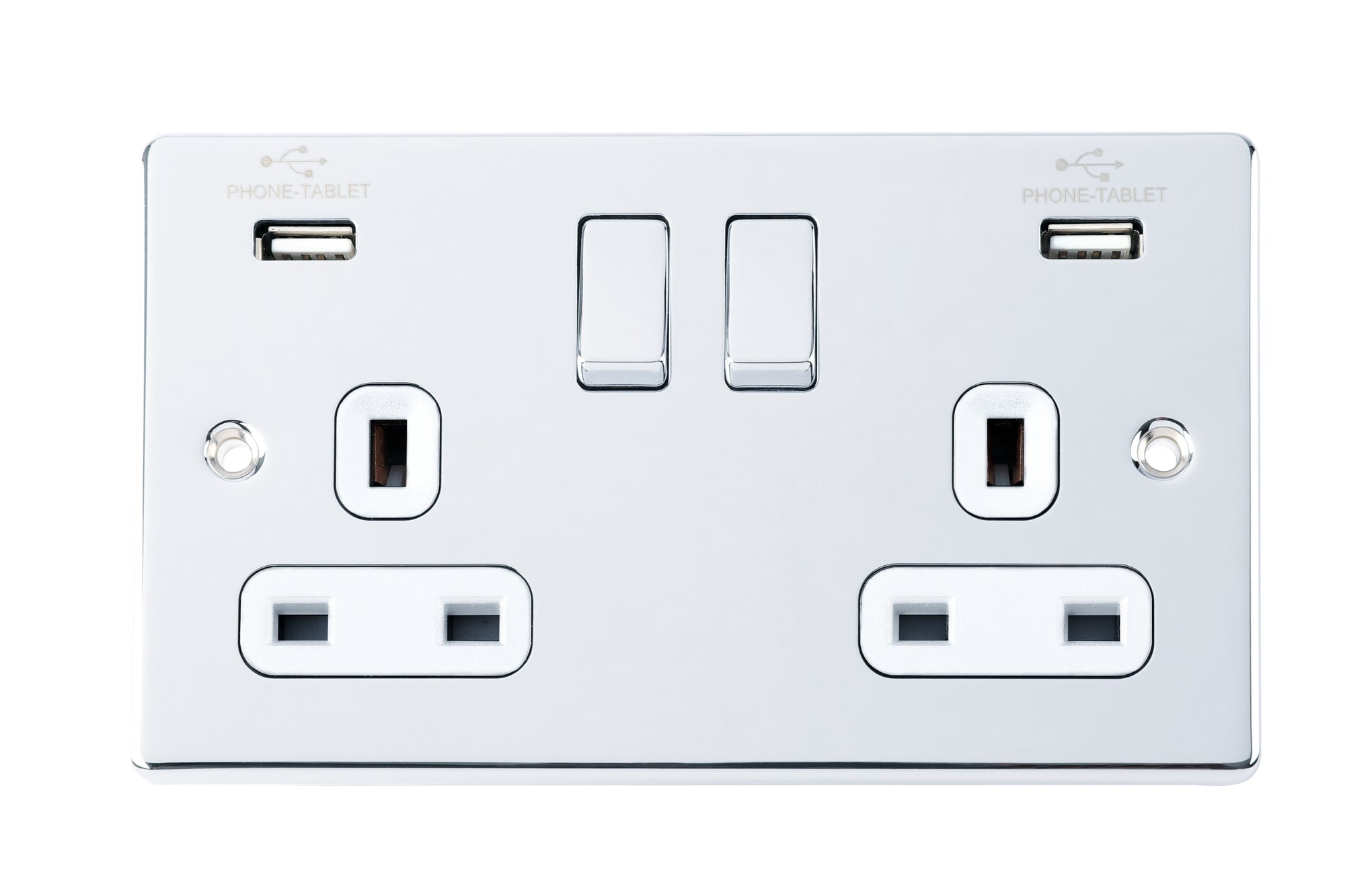 Niglon D-S132USB-PCW 2 Gang 13A 3.1A Switched USB Socket Polished Chrome White Insert