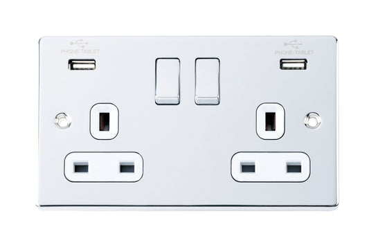 Niglon D-S132USB-PCW 2 Gang 13A 3.1A Switched USB Socket Polished Chrome White Insert
