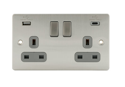Niglon D-S132USB3C-BCG 2 Gang 13A 3.1A Type A+C Switched USB Socket Brushed Chrome Grey Insert