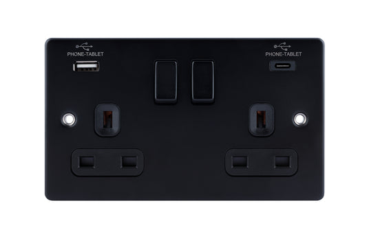 Niglon D-S132USB3C-MBB 2 Gang 13A 3.1A Type A+C Switched USB Socket Matt Black