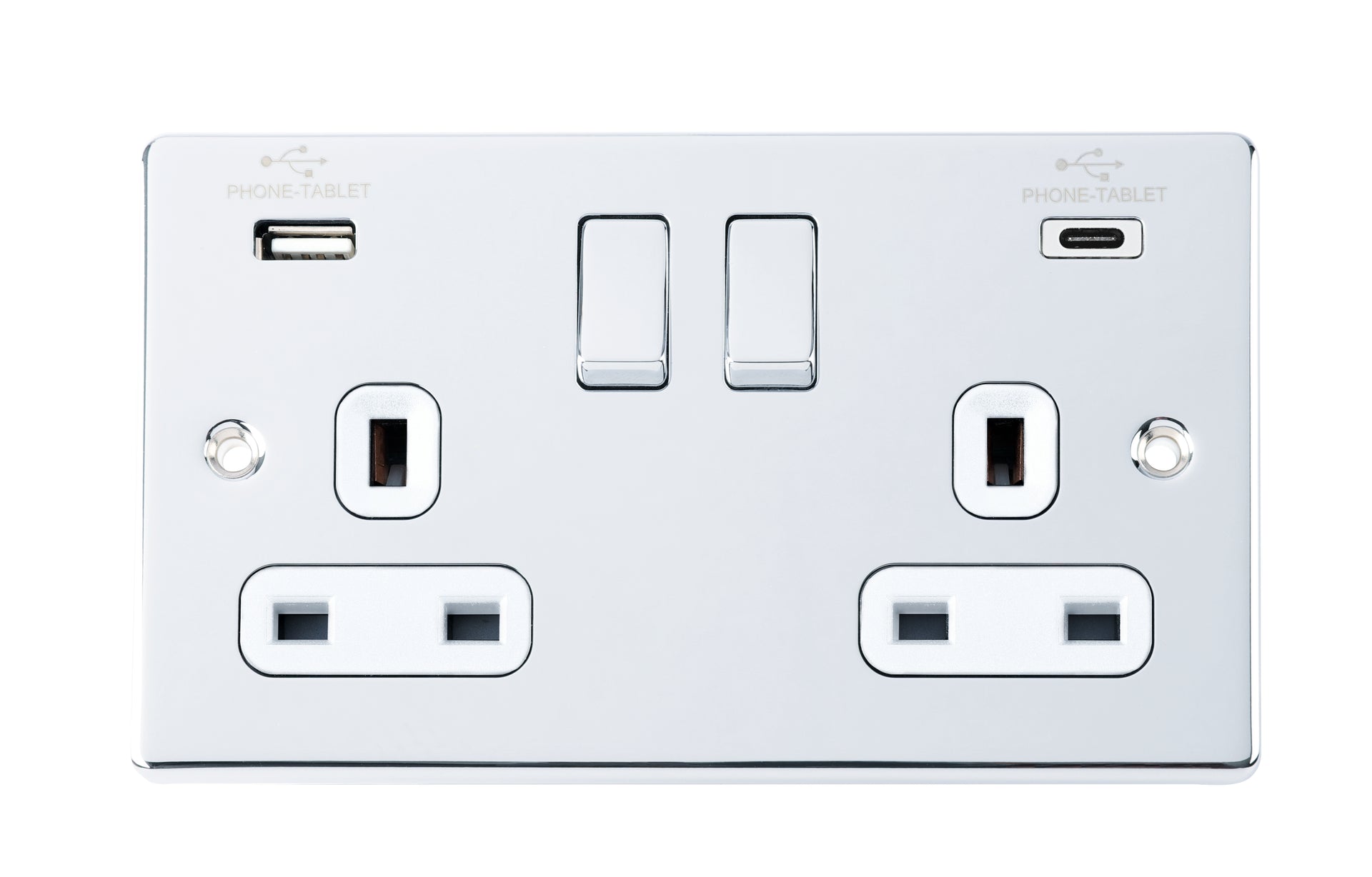 Niglon D-S132USB3C-PCW 2 Gang 13A 3.1A Type A+C Switched USB Socket Polished Chrome White Insert