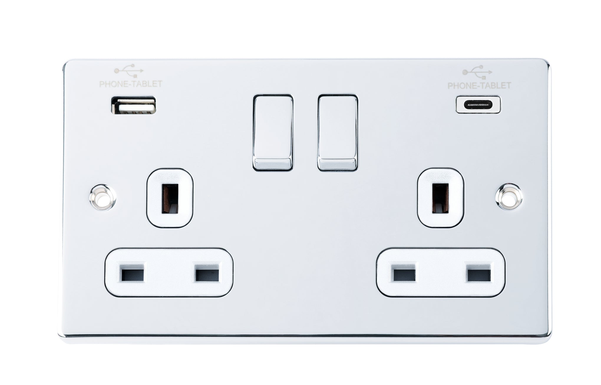 Niglon D-S132USB3C-PCW 2 Gang 13A 3.1A Type A+C Switched USB Socket Polished Chrome White Insert