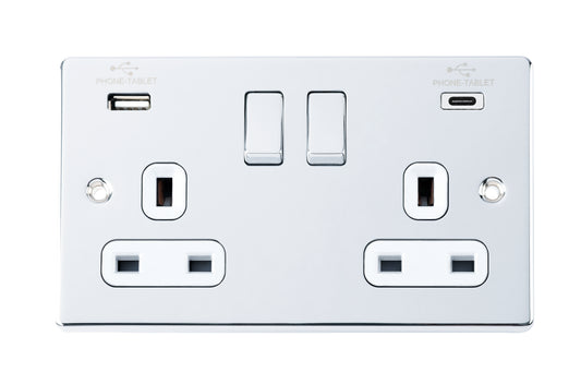 Niglon D-S132USB3C-PCW 2 Gang 13A 3.1A Type A+C Switched USB Socket Polished Chrome White Insert