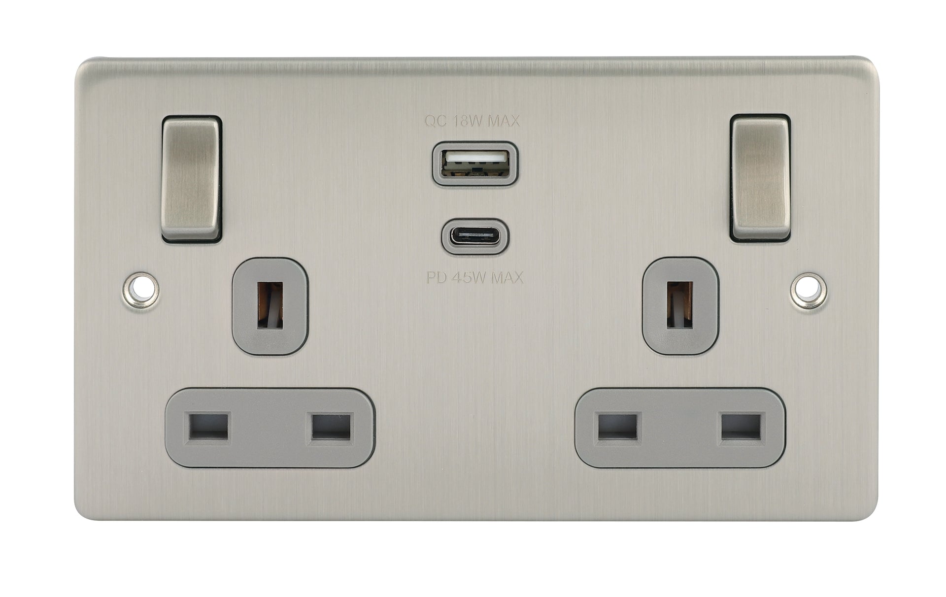 Niglon D-S132USB45-BCG 2 Gang 13A 45W Type A+C Switched USB Socket Brushed Chrome Grey Insert