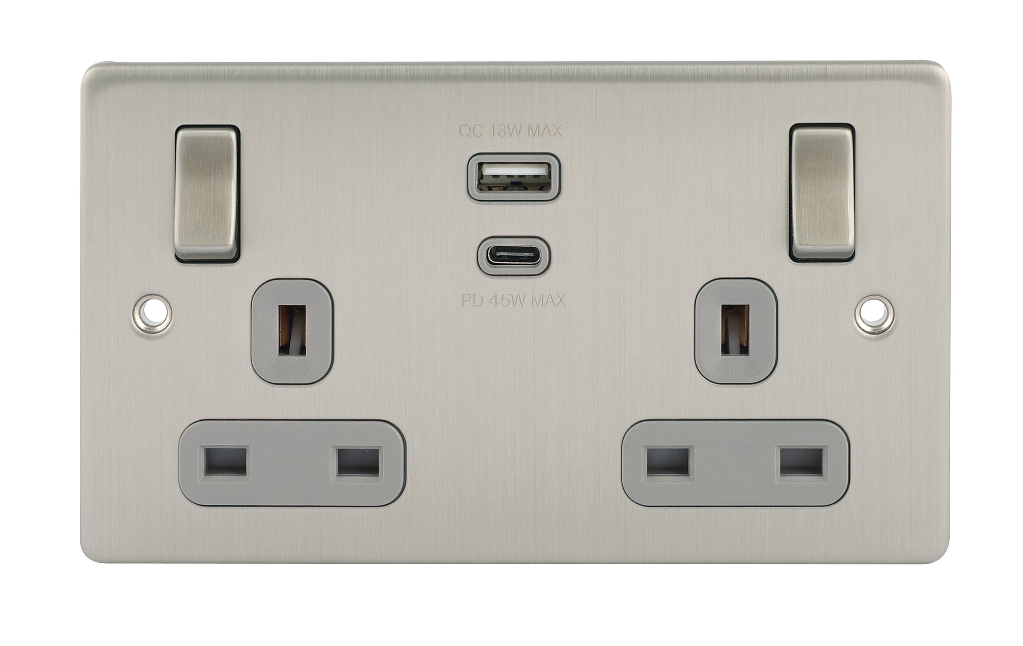 Niglon D-S132USB45-BCG 2 Gang 13A 45W Type A+C Switched USB Socket Brushed Chrome Grey Insert
