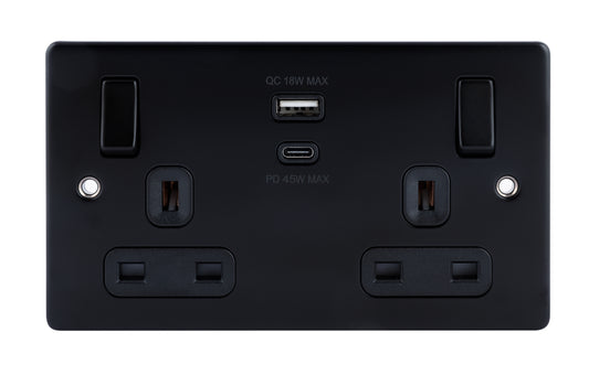 Niglon D-S132USB45-MBB 2 Gang 13A 45W Type A+C Switched USB Socket Matt Black